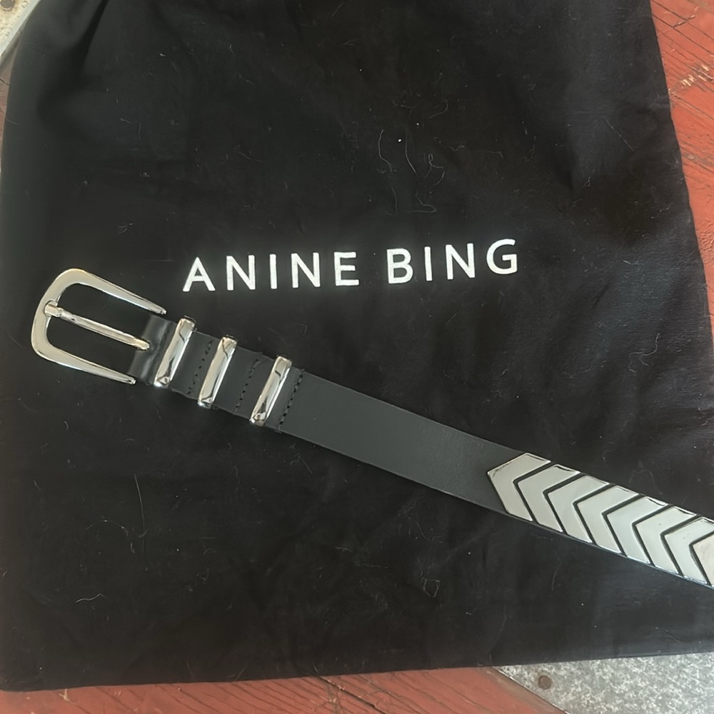 Black Anine Bing Leather Belt with Black Metal Chevron Studs and hardware XS/S - Picture 3 of 4